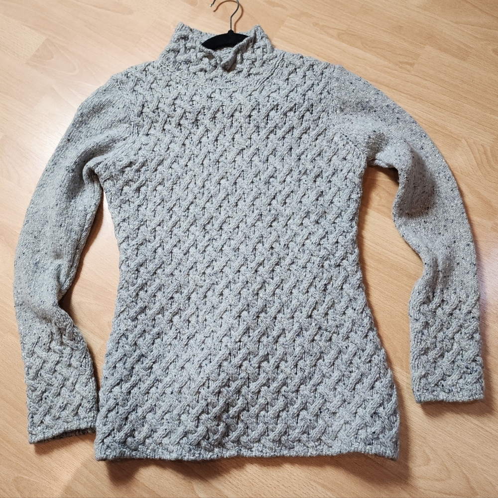 IrelandsEye Wool Cashmere Light Grey Trellis Aran Mockneck Sweater Size Medium